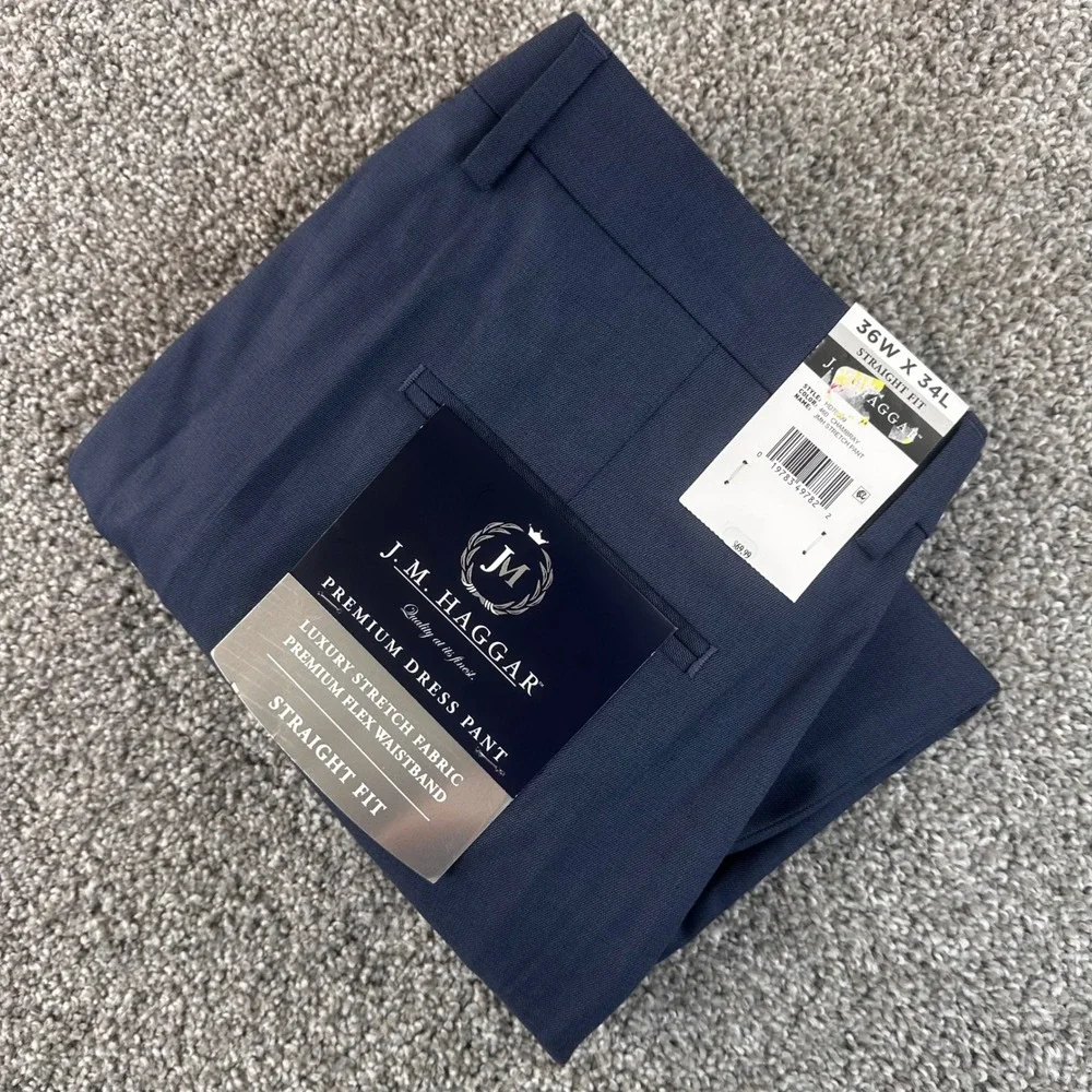 Haggar Premium Dress Pants Mens 36x34 Blue Straight Fit Stretch Office Law NEW